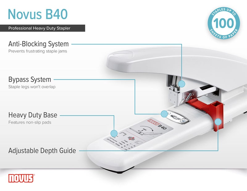 نوفوس دباسة Novus B40 شديدة التحمل سعة 100 ورقة مضادة للتكدس عمق تدبيس 2.25 بوصة مع دليل قابل للتعديل لتجاوز الدبابيس مصممة هندسية ألمانية (023-0056) - Image 5